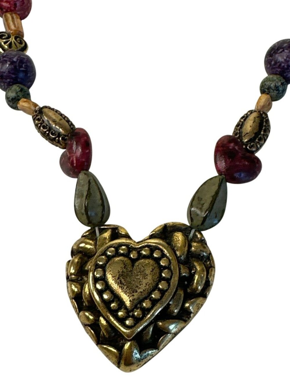 VTG Multicolor Beaded Necklace Gold-Tone Heart Pendant Boho Style 18" Chunky